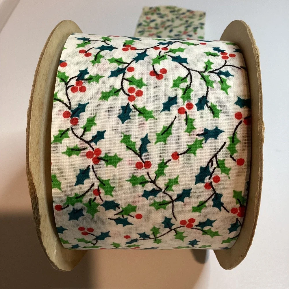 Vintage Christmas Holly Berry Fabric Ribbon 2.5 Inch Spool Holiday Decor 25 yard